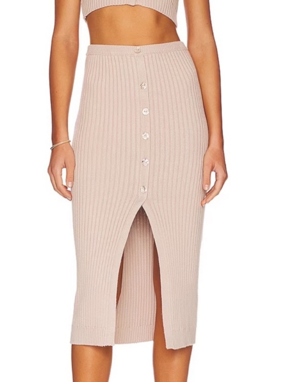 REVOLVE LPA Ribbed Knit Midi Skirt in Blush Beige with another of Pearl Buttons